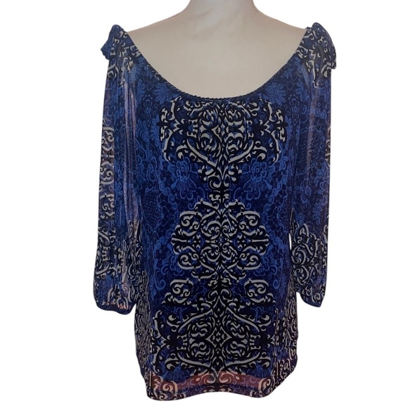 Int’l Concepts by Macy’s Pullover Lined Blouse w/Cold Shoulder Details BLU SZ LG - Picture 1 of 5